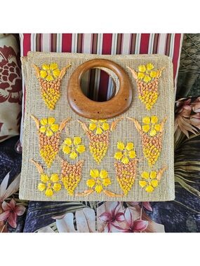 Vintage Woven Canvas Floral Front Wood Handle Bag